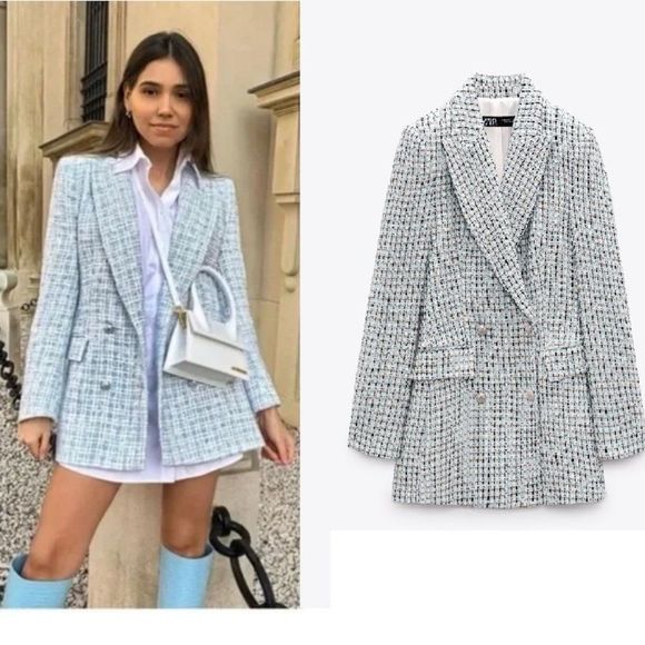 Zara Jackets & Blazers - RARE BLOGGERS FAV Zara textured double breasted blazer blue silver tweed texture